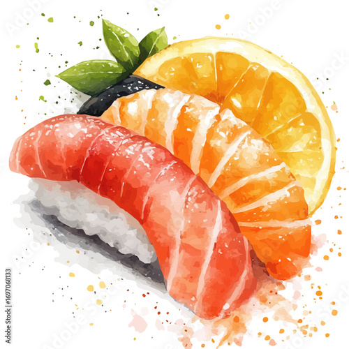 Sashimi, watercolor painting vector, isolated on a white background.