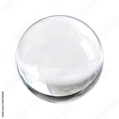 A clear, transparent crystal ball or glass sphere with reflections, isolated on a plain white background.