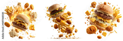 Set of A perfectly styled fast food burger with melted cheese on transparent png background. Ai generated