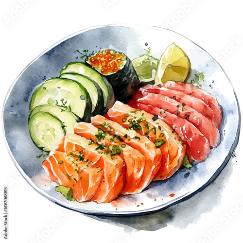 Sashimi, watercolor illustration vector, isolated on a white background.