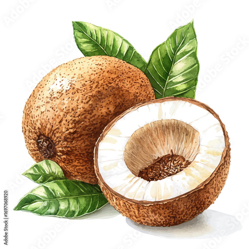 Sapodilla, watercolor clipart vector, isolated on a white background.