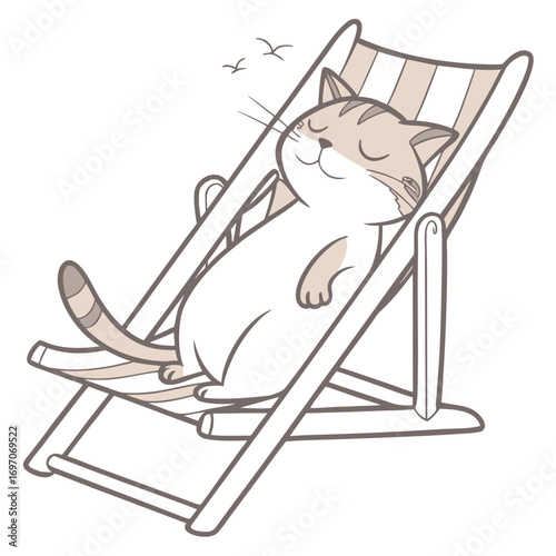 Cute cartoon cat sleeping on a striped deck chair with birds flying above kitten napping
