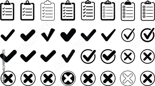 Collection of black and white checkmarks and crosses on white background
