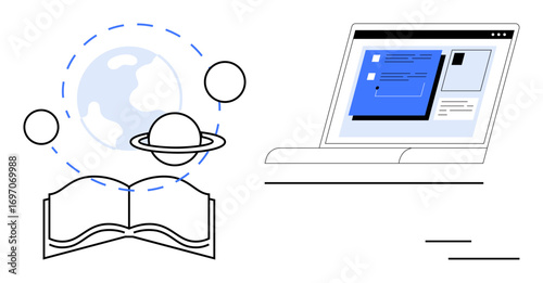 Open book near planet icons and globe representing learning and exploration beside a laptop displaying online content. Ideal for education, e-learning, knowledge, discovery, innovation, research