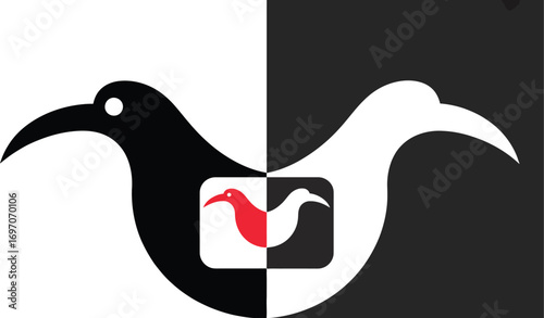Striking black and white bird illustration with a vibrant red bird silhouette inside
