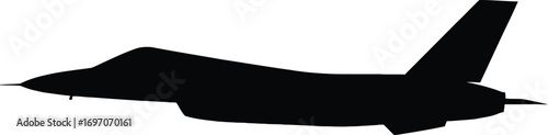 Sleek black silhouette of a jet fighter plane in profile against a white background.