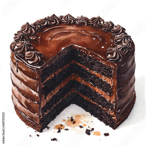 Sacher Torte, watercolor painting vector, isolated on a white background.