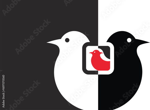 Duality illustrated by contrasting birds, one black and one white, with a small red bird icon symbolizing a core idea.
