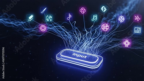 Glowing neon input button connected by flowing particle lines to abstract icons, symbolizing creative AI output.