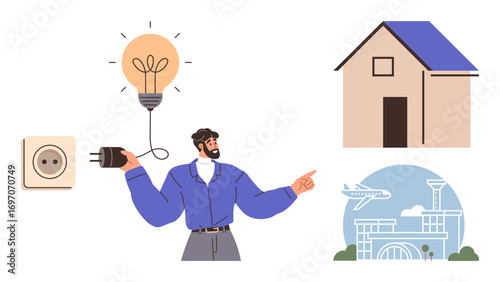 Man holding a plug near a wall socket and pointing towards a lit bulb, a house, and an airport. Ideal for innovation, energy, infrastructure, housing, travel renewable resources creativity. Simple