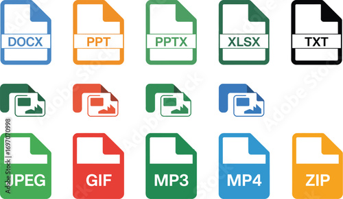 Collection of digital file type icons representing various document formats and media types.