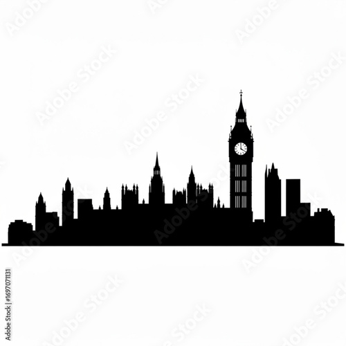 Silhouette of the london skyline featuring big ben and various buildings against a white background view scene created with generative ai