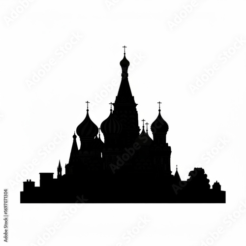 Silhouette of st basil's cathedral with multiple domes and crosses against a white background skyline view created with generative ai