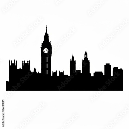 Silhouette of london skyline featuring big ben and various other buildings on a white background view created with generative ai