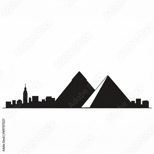 Black silhouette of city skyline with pyramids and buildings against a white background landscape view created with generative ai