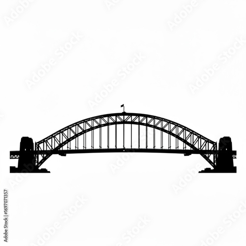 Silhouette of a large arched bridge with towers and a flag on top against a white background space view created with generative ai