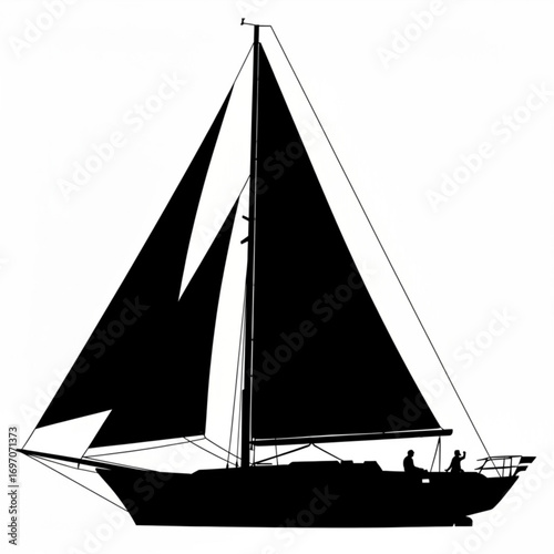 Silhouette of a sailboat with two people on deck sailing on the water in black and white illustration created with generative ai