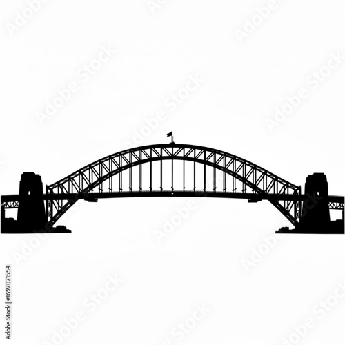 Silhouette of a large arch bridge with towers and a flag on top against a white background scene view created with generative ai