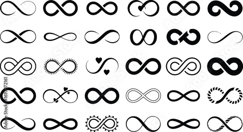 Collection of diverse infinity symbol designs in black and white, representing endlessness and eternity