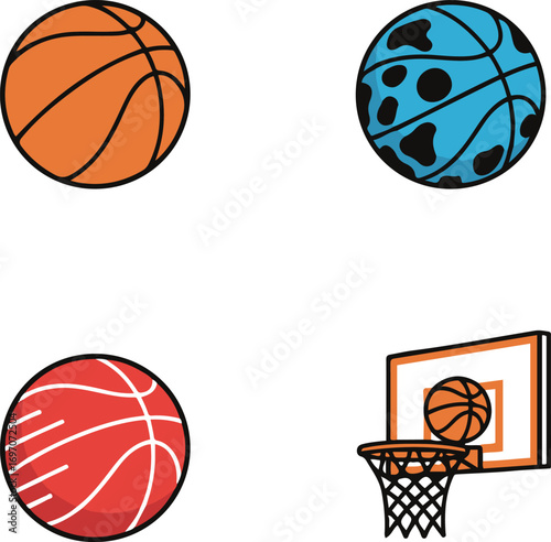 Set of basketball illustrations including different styles of balls and a hoop with ball, cartoon vector design,