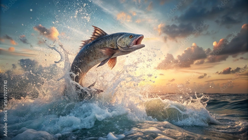 Obraz premium Wild fish leaping from ocean, water splashing, concept of freedom and vitality