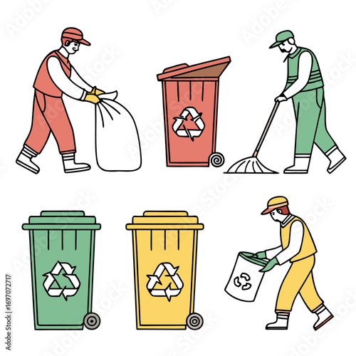 Sanitation worker with trash bins and recycling symbol