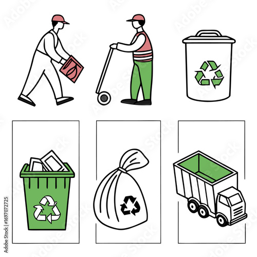 Sanitation worker, recycling bins, and garbage truck