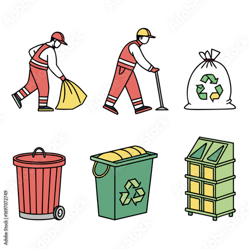 Recycling and waste disposal icons with workers and bins