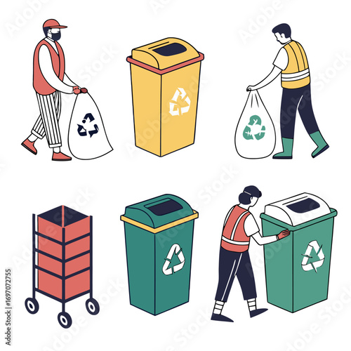 Sanitation workers collecting trash and recycling bins