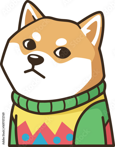 Cute Shiba Inu dog wearing a colorful sweater, cartoon vector illustration, isolated on white background.