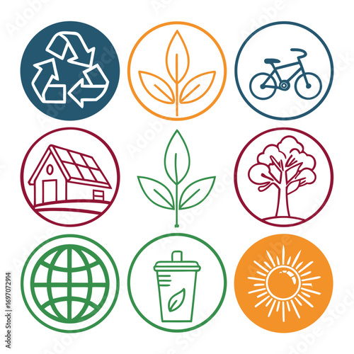 Set of ecofriendly icons including recycling, nature, and renewable energy