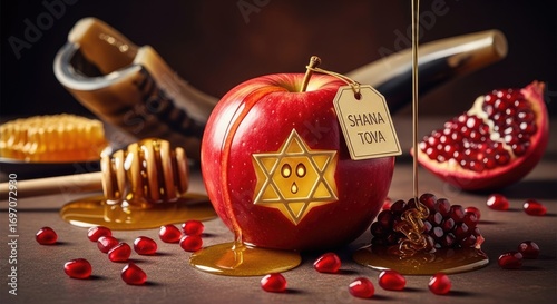 Red apple with Star of David cutout, flowing golden honey, sweet pomegranate, shofar horn, Jewish New Year Rosh Hashanah holiday blessings and traditions.