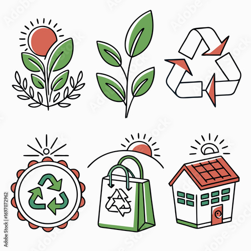 Handdrawn eco icons with sun, plant, recycling, and house