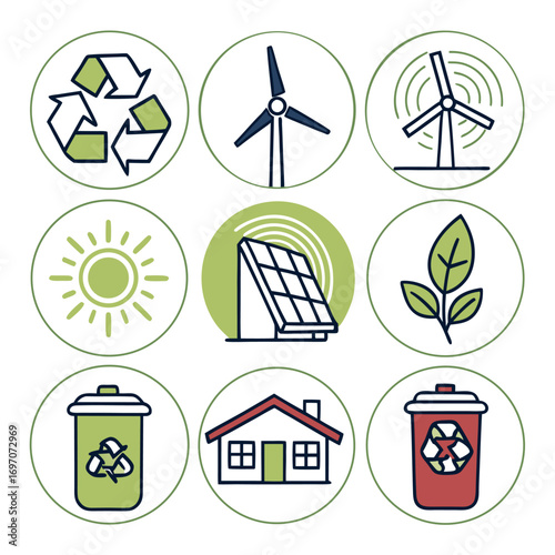 Set of icons for renewable energy and recycling
