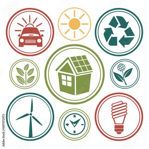 Collection of ecofriendly icons including car, sun, and recycling