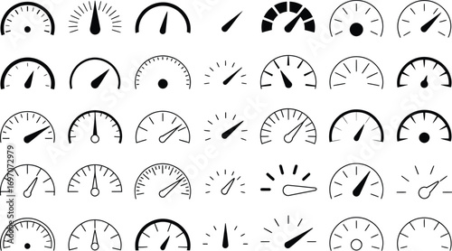 Collection of diverse speedometer and gauge icons, representing measurement and progress