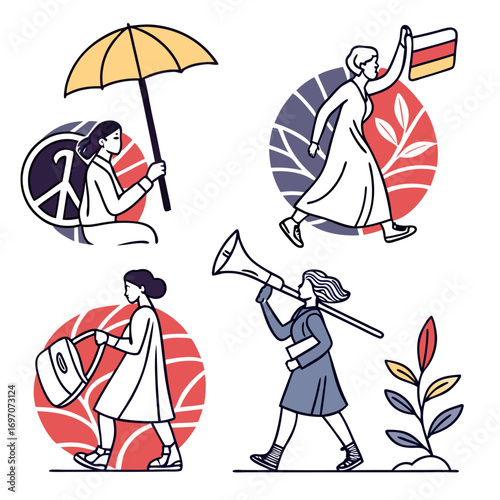 Women protesting with umbrella, flag, and megaphone
