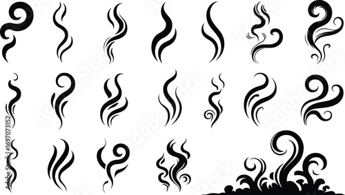 Elegant black swirls and wisps representing steam, smoke, or scent on white background