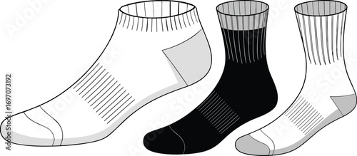 Athletic socks, compression zones, breathable fabric, performance wear, ribbed cuffs, reinforced heel, sport socks, crew length, ankle socks, stylish design