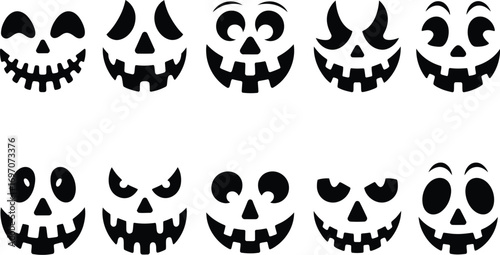 Collection of spooky and happy carved pumpkin faces for Halloween celebrations