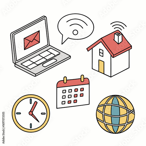 Remote work concept with laptop, house, clock, calendar, globe, and wifi signal