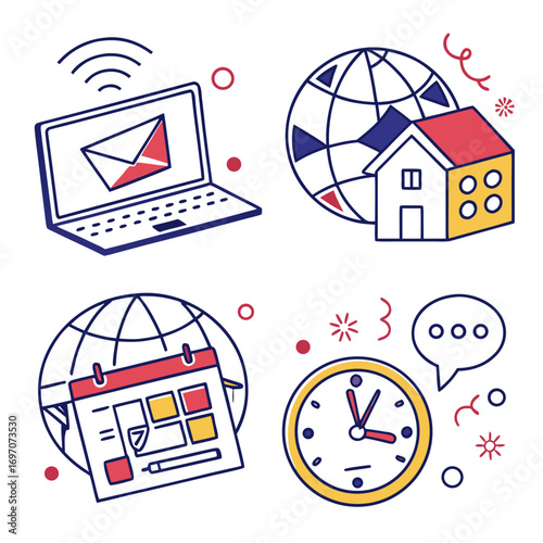 Collection of icons for remote work, communication, and time management