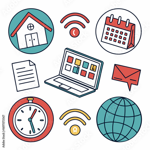 Icons for remote work, time management, and global connectivity