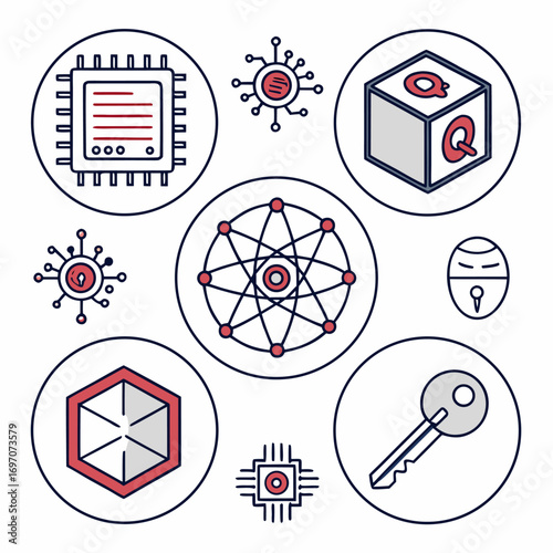 Quantum computing icons including processor, network, and key