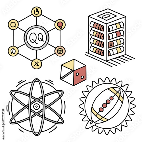 Collection of abstract symbols representing science, data, and games