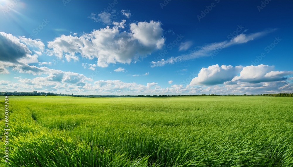 Obraz premium lush green grass fields stretching into the horizon under a clear blue sky with fluffy white clouds