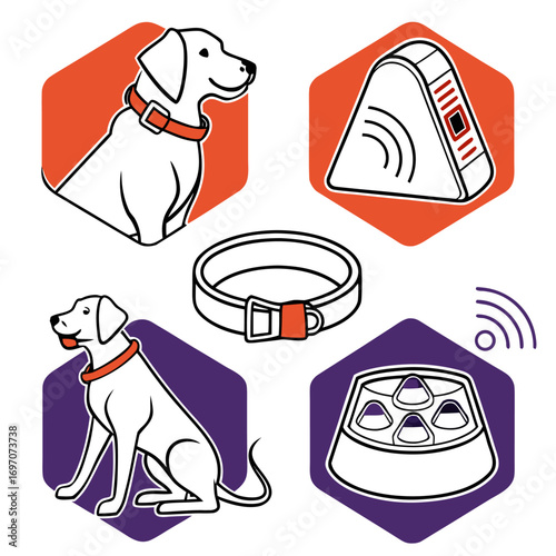 Dog care icons dogs, tracker, collar, and food bowl with treats