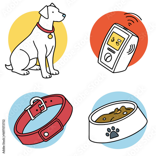 Dog accessories and technology sitting dog, tracker, collar, and food bowl