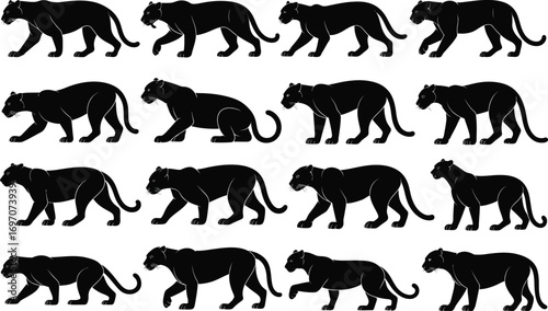 Dynamic sequence of powerful black panther silhouettes in various walking poses.