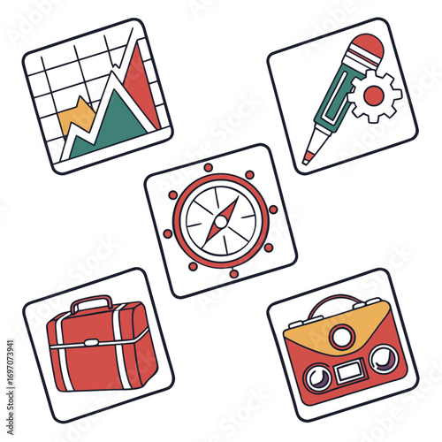 Business and travel icons graph, microphone, compass, suitcase, radio